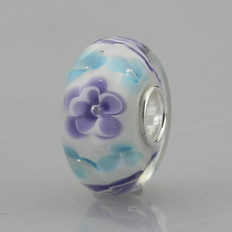 925 Silver 3D Flowers Charm Glass Bead for European Bracelet