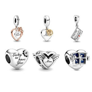 925 Sterling Silver Angel Wings Mum Heart Clover Rose Flower Charm Bead