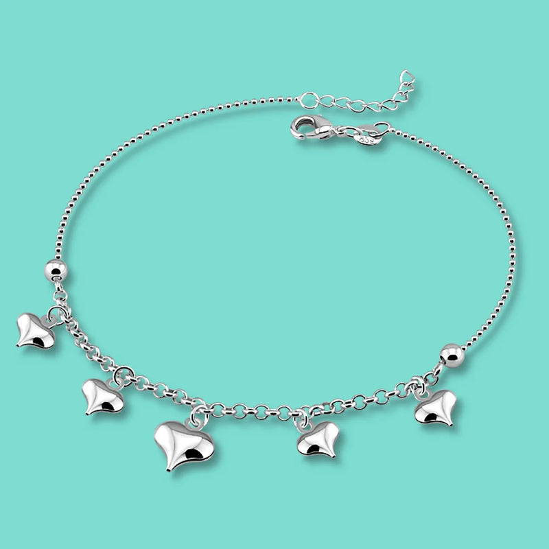 925 Silver Heart Pendant Anklet Chain Summer Jewelry
