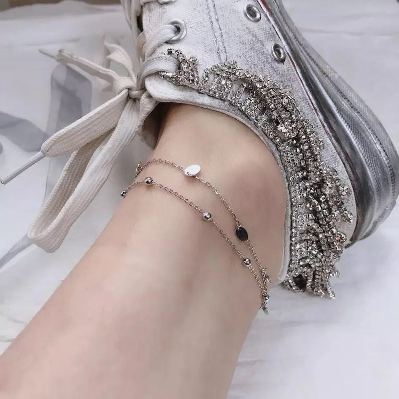 925 Silver Double Layer Leaf Geometric Anklet