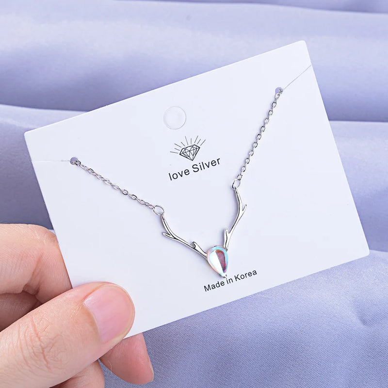925 Silver Antlers Round Crystal Necklace For Women