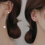 925 Sterling Silver Asymmetric Heart Double Ear Hole Earrings Long Tassel Style