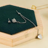 925 Sterling Silver Asymmetric Heart Double Ear Hole Earrings Long Tassel Style