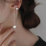 925 Sterling Silver Asymmetric Heart Double Ear Hole Earrings Long Tassel Style