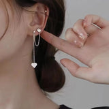 925 Sterling Silver Asymmetric Heart Double Ear Hole Earrings Long Tassel Style