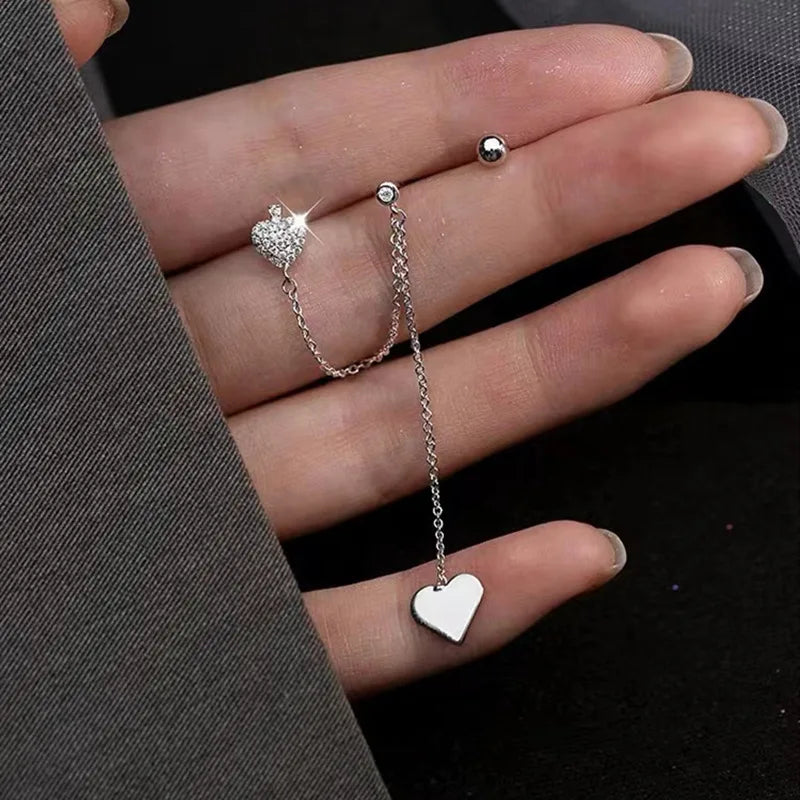 925 Sterling Silver Asymmetric Heart Double Ear Hole Earrings Long Tassel Style