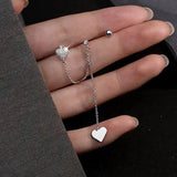 925 Sterling Silver Asymmetric Heart Double Ear Hole Earrings Long Tassel Style