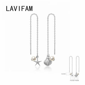 925 Silver Asymmetric Starfish Shell Earrings Women Girl Long Ear Line Jewelry