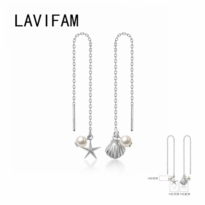 925 Silver Asymmetric Starfish Shell Earrings Women Girl Long Ear Line Jewelry