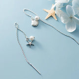 925 Silver Asymmetric Starfish Shell Earrings Women Girl Long Ear Line Jewelry
