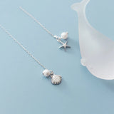 925 Silver Asymmetric Starfish Shell Earrings Women Girl Long Ear Line Jewelry