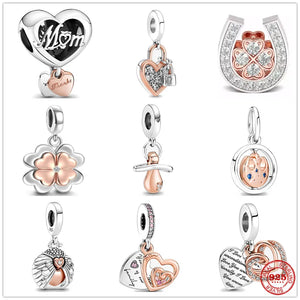 925 Sterling Silver Baby Pacifier Mom Heart Double Dangle Charm Bead