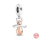 925 Sterling Silver Baby Pacifier Mom Heart Double Dangle Charm Bead