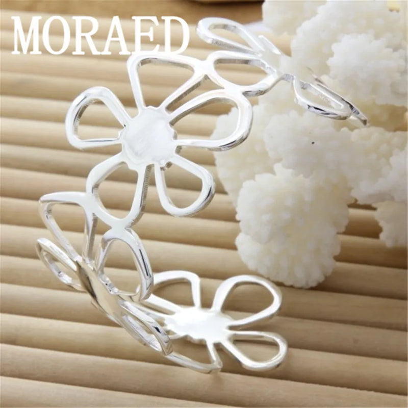 925 Sterling Silver Bangle Bracelet Women Flower Big Bangle Jewelry