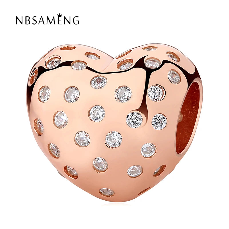 925 Silver Bead Rose & Clear CZ Heart Charm for Bracelets & Bangles