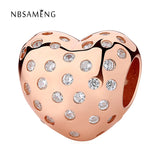 925 Silver Bead Rose & Clear CZ Heart Charm for Bracelets & Bangles