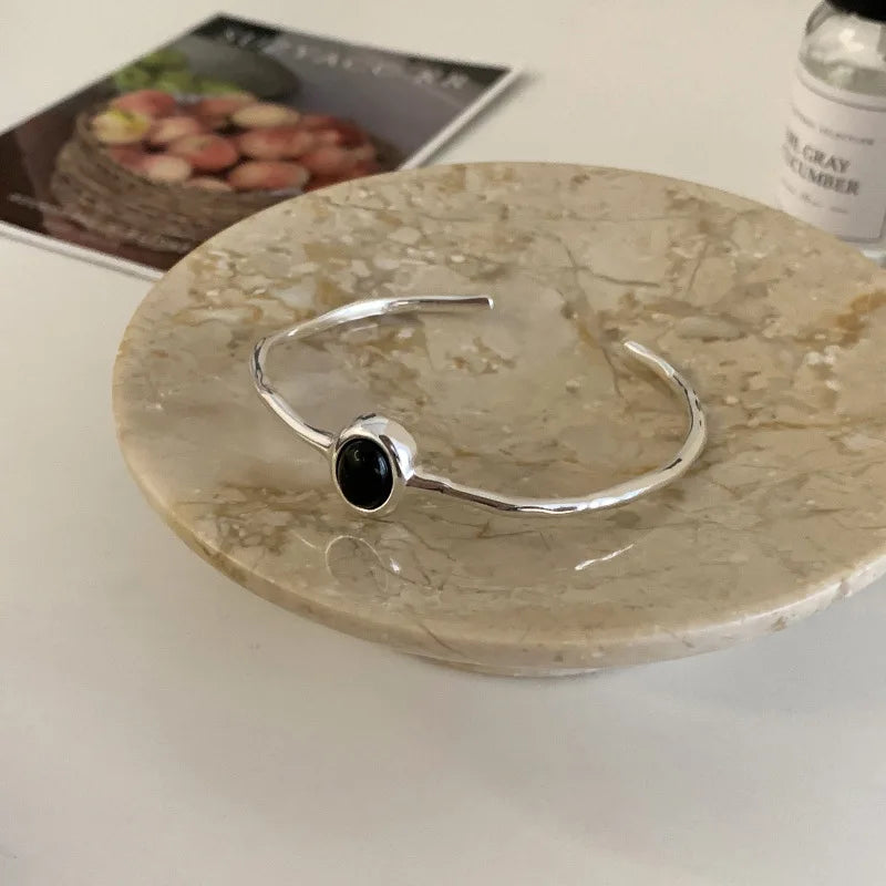 925 Silver Stone Punk Bangle Bracelet for Women