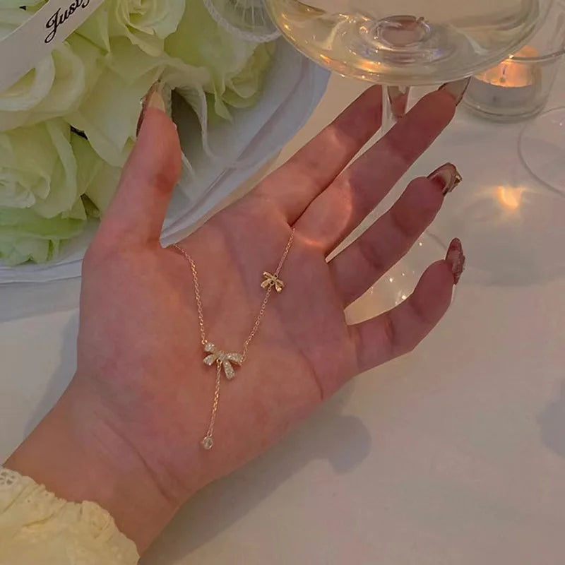 925 Silver Bow Necklace Zirconia Bow Pendant Choker Gift