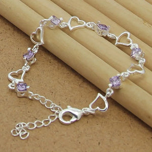 925 Silver Purple Crystal Heart Bracelet Chain Woman Charm Jewelry