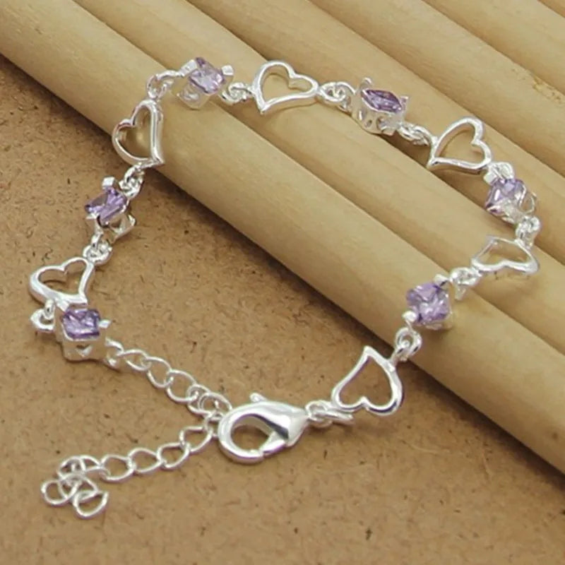 925 Silver Purple Crystal Heart Bracelet Chain Woman Charm Jewelry