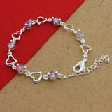 925 Silver Purple Crystal Heart Bracelet Chain Woman Charm Jewelry
