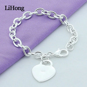 925 Silver Heart Pendant Bracelet Lobster Clasp Glamour Jewelry