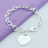 925 Silver Heart Pendant Bracelet Lobster Clasp Glamour Jewelry