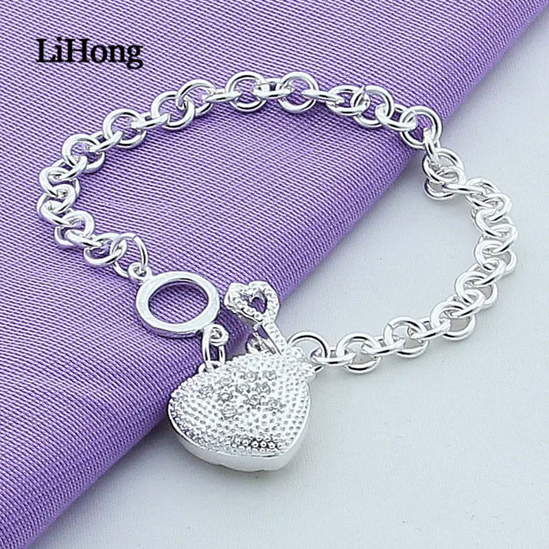 925 Silver Heart Bracelet Zircon Inlaid Charm Jewelry Gift