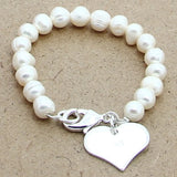 925 Silver Bracelet Freshwater Pearl Heart Charm Jewelry Wedding Gift