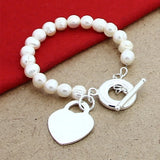 925 Silver Bracelet Freshwater Pearl Heart Charm Jewelry Wedding Gift