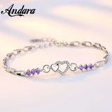 925 Silver Purple Crystal Heart Woman Bracelet Charm Jewelry Gift