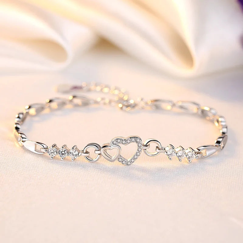 925 Silver Bracelet with Purple Crystal Heart Charm