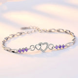925 Silver Bracelet Purple Zircon Heart Charm Bracelet Jewelry Gift