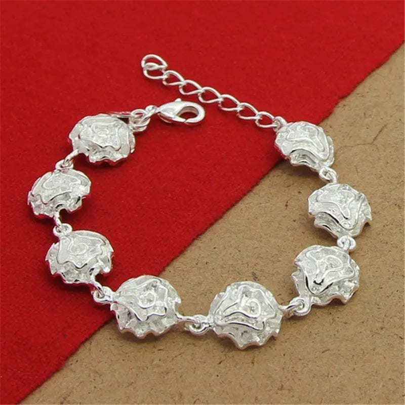 925 Silver Rose Flower Bracelet for Women Charm Jewelry Gift