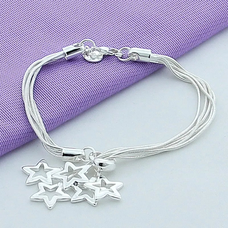 925 Silver Star Snake Bone Bracelet Multilayer Charm Jewelry