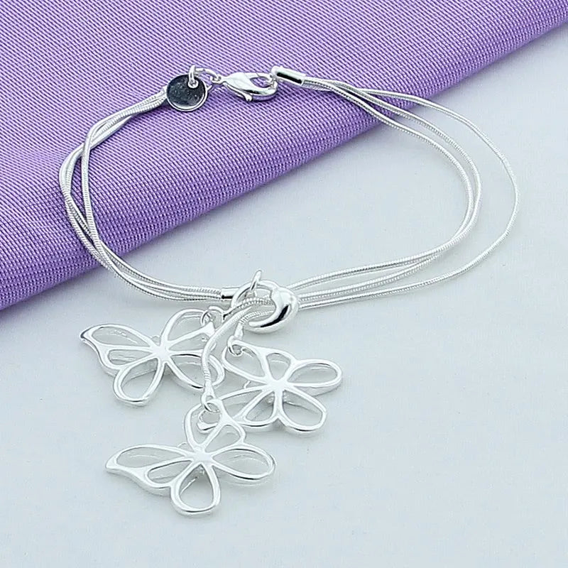 925 Silver Three Butterfly Snake Bone Bracelet