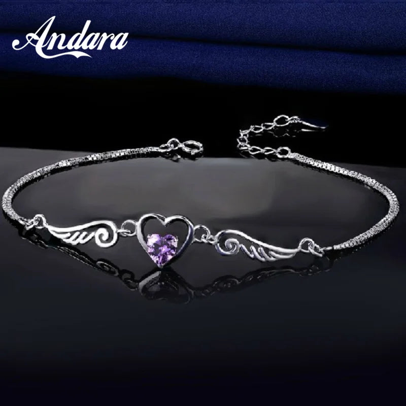 Sterling Silver Zircon Crystal Angel Heart Bracelet for Women