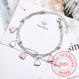 925 Silver Bracelets Pink Cherry Blossom Petals Gradient Heart Double Layer Chai