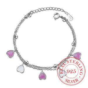 925 Silver Bracelets Pink Cherry Blossom Petals Gradient Heart Double Layer Chai