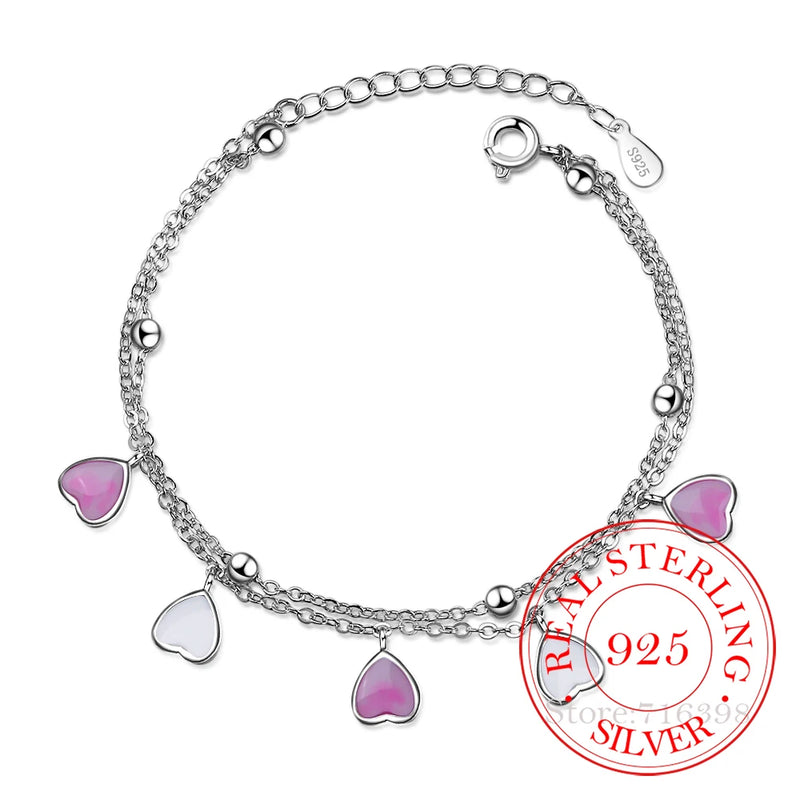 925 Silver Bracelets Pink Cherry Blossom Petals Gradient Heart Double Layer Chai