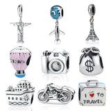 925 Silver Charm Bead Plane Travel Camera Eiffel Tower for Bracelet DIY