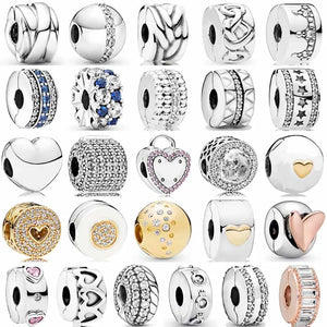 925 Silver Clear Sparkling Line Freehand Heart Clip Bead Bracelet DIY