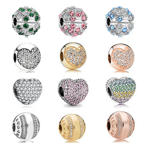 925 Silver Charm Bracelet Bead Zircon Heart Clip Pendant DIY Jewelry
