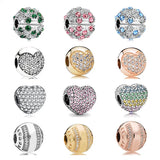 925 Silver Charm Bracelet Bead Zircon Heart Clip Pendant DIY Jewelry