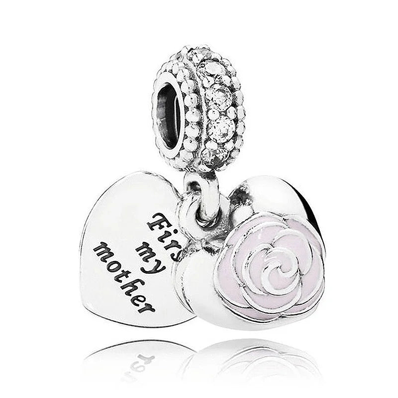 925 Silver Charm Freehand Mum Heart & Angel Wings Family Tree Pendant Bead
