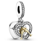 925 Silver Charm Freehand Mum Heart & Angel Wings Family Tree Pendant Bead