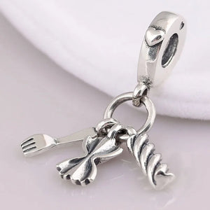 925 Silver Pasta & Fork Heart Charm Bead DIY Jewelry