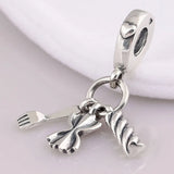 925 Silver Pasta & Fork Heart Charm Bead DIY Jewelry
