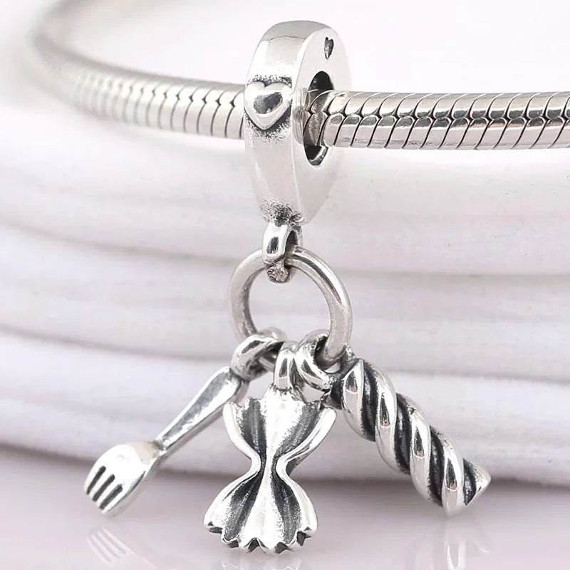 925 Silver Pasta & Fork Heart Charm Bead DIY Jewelry