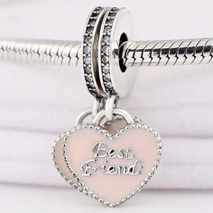 925 Silver Pink Enamel Heart Charm Pendant for Bracelet Necklace